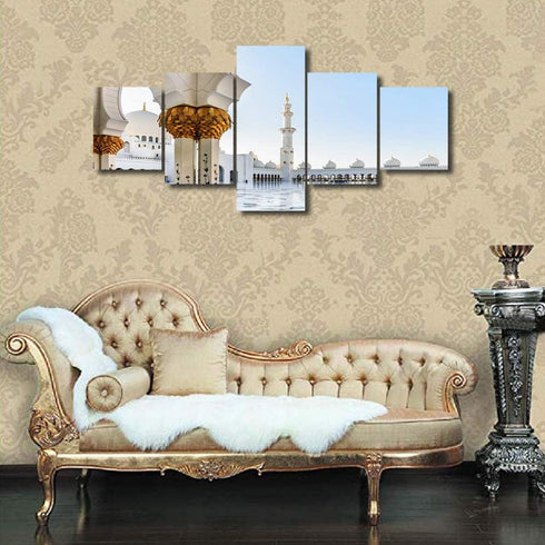 TUMOVO Kitchen Wall Art: Mosque Square Pictures, 5 Panel Canvas Artwork, Wooden Islamic Religious Shrine Decor