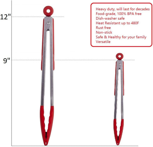 Kitchen Tongs Set of 2 – 9 inch & 12 inch Stainless Steel Food Tongs with Silicone Tips, Red