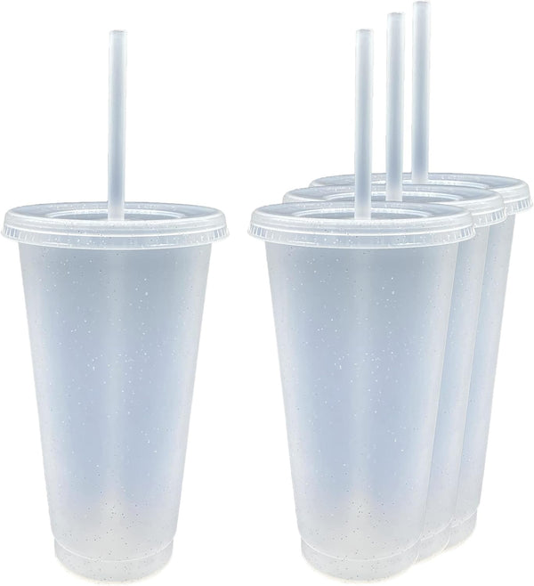 Generic 24 oz Reusable Glittered Translucent Cold Cup, 4 Pack with Straw and Lid