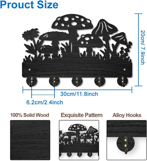 Mushroom Wall Mounted Coat Rack Wildflower Meadow Wood Key Hooks for Wall 11.8×7.9inch Black Key Holder Hanger Wall Art Decor with 5 Alloy Hooks for Gift Hallway Entryway Kitchen by MAYJOYDIY