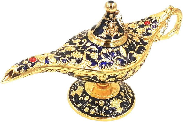 Vintage Legend Aladdin Magic Genie Lamp, Metal Carved Wishing Light for Home Wedding Party Decoration, Dark Blue