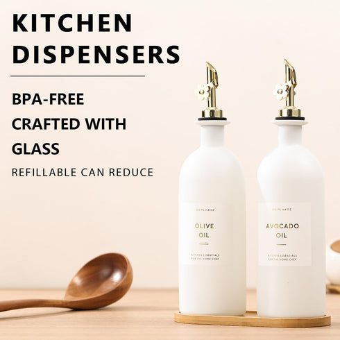 16oz Set, Set 2 (16oz HOMCDALY Olive Oil Dispenser for Kitchen, Glass Oil Bottles with Bamboo Tray, Gold Oil&Vinegar