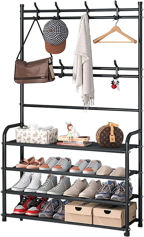 Shoe Rack Shoe Storage Shelf Freestanding with 8 Hooks for Entryway Bedroom