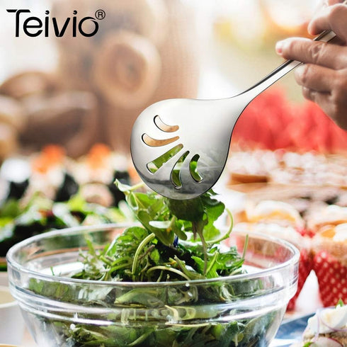 Teivio Stainless Steel Serving Utensils Set - Large 9-10" Spoons, 10" Slotted Spoons, 9" Tongs (Silver)