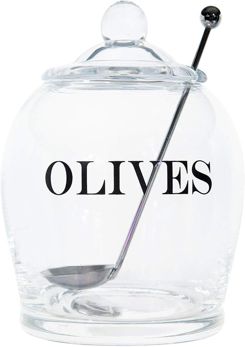 Creative Co-Op Clear Glass "OLIVE" Jar with Lid & Slotted Stainless Steel Spoon – Set of 3 Pieces