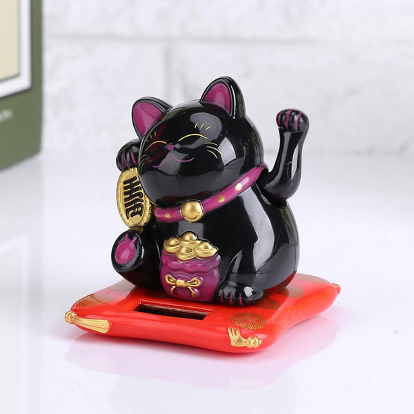 Lucky Beckoning Cat, Solar Powered Waving Wealth Cat, Feng Shui Decor, 3" Tall, Black