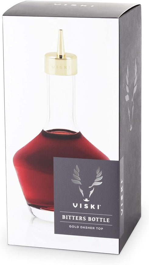 Viski Belmont Crystal Glass Cocktail Bitters Bottle with Gold Dasher Top, 3 oz. Set of 1, Elegant Barware