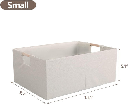 Fabric Storage Bin Box - Foldable Cotton Linen Basket with Wooden Handles for Home Laundry Organizer