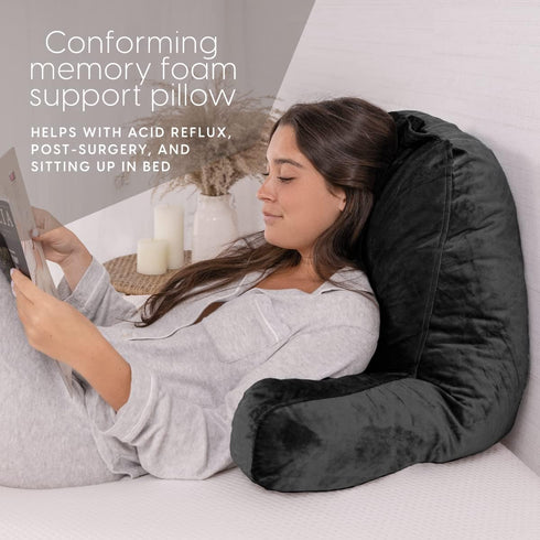 Cozy Milliard Reading Pillow with Arms, Black, Shredded Memory Foam Back Pillow for Bed Sitting Up - Sit Up Backrest