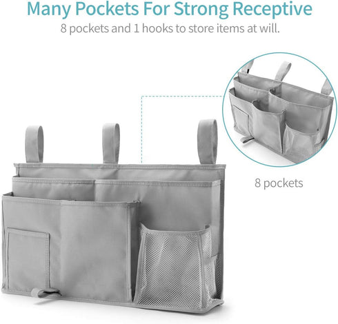 Bseash Bunk Bed Organizer, Bedside Caddy Hanging Storage Bag with 8 Pockets for College Dorm, Baby Bed Rails (Gray)
