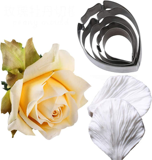KALAIEN 5pcs Stainless Steel Peony Cutter, 2pcs Fondant Silicone Mold for Sugarcraft Flower Making