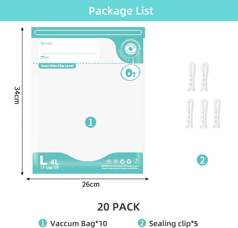 Sous Vide Bags Reusable, BPA Free Vacuum Sealer Bags, Double-sided 20C, 20pcs Vacuum Zipper Bags for Cooking