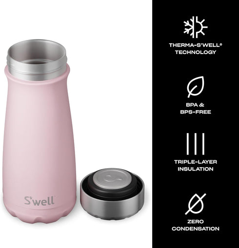 S'well Stainless Steel Traveler, 16oz, Pink Topaz, Triple Layered Vacuum Insulated Container Keeps Drinks Cold for 24