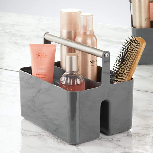 mDesign Plastic Shower Caddy Storage Organizer Utility Tote, Divided Basket Bin - Metal Handle for Bathroom, Dorm, Kitchen, Holds Soap, Shampoo, Conditioner - Aura Collection - Dark Gray/Matte Satin by mDesign