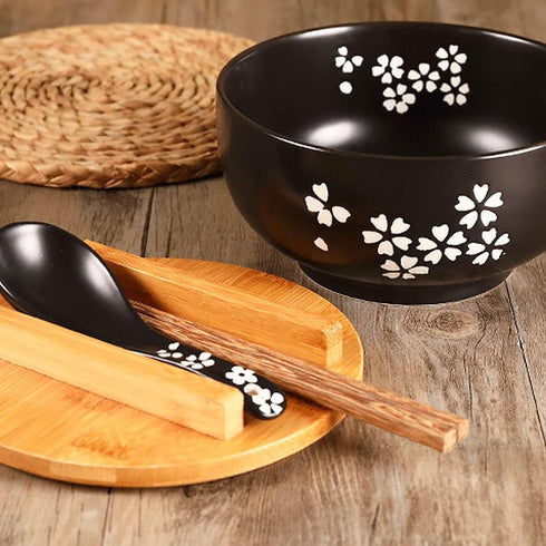 WHJY Black Ceramic Bowl with Lid, Spoon, and Chopsticks for Soup, Rice, Noodles, Japanese Traditional Style Tableware