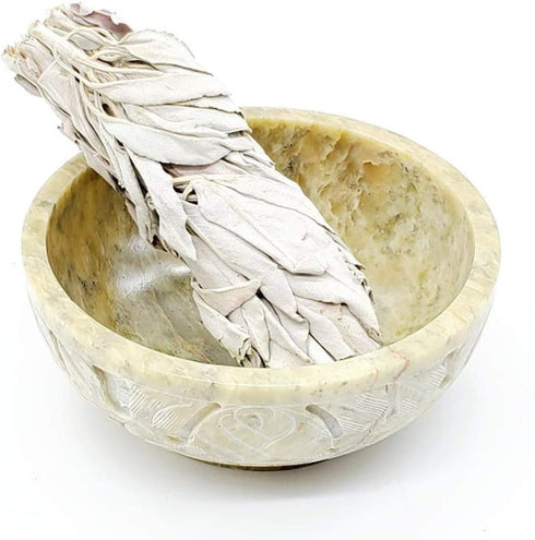Marble Soapstone Natural Smudge Pot, Stone Bowl for Scrying and Smudge (5 Inch) from India, Handmade Leaf Carved Design