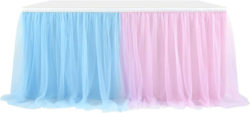 Suppromo 6ft Pink and Blue Tulle Table Skirt for Gender Reveal Baby Shower Party Decorations
