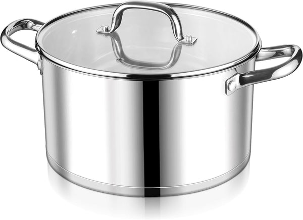 LIANYU 8 QT Stock Pot, Heavy Duty Stainless Steel, Large Cooking Pot for Pasta, Soup, Noodles, with Glass Lid