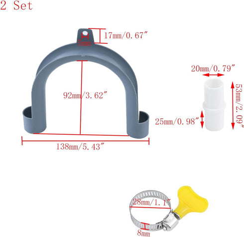 2PCS U-Bend Drain Hose Guide Grey Washing Machine Discharge Hose Holder Clip Drain Hose Hooks for Washer Dryer Drain Pipe, with 2PCS Extension Adapter and 4PCS Hose Clamps (Dia.: 20mm/0.79")