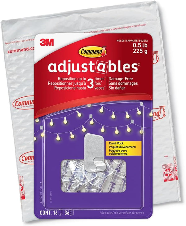 Command Adjustables Repositionable Clips, 1/2 lb, 16 Hooks, 36 Strips/Pack