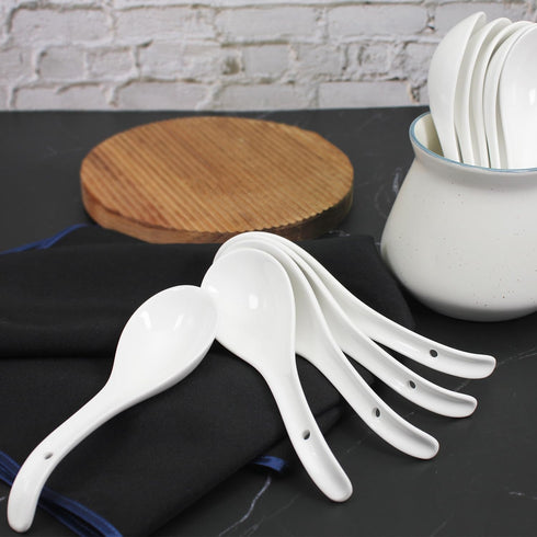 Bright White 6.7 Inch Asian Soup Spoons Set of 10, Ultra-fine Porcelain Tablespoon for Ramen, Pho, Cereal