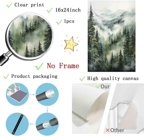 Landscape Watercolor Picture, Misty Forest Poster Mountain Forest Painting Foggy Forest Print Canvas Wall Art 16x24inch