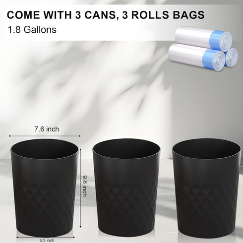 3 Pack JiatuA Small Trash Can with Trash Bags Bathroom Garbage Bin Round Plastic Waste Basket for Kitchen, Bedroom