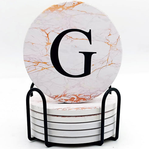 DRPORONYN Monogrammed Coasters for Drinks Absorbents with Holder, Set of 6 Ceramic Drink