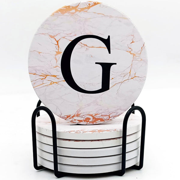 DRPORONYN Monogrammed Coasters for Drinks Absorbents with Holder, Set of 6 Ceramic Drink