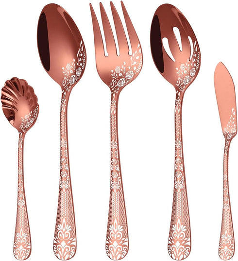 EUIRIO Large Serving Spoon Set, Stainless Steel Copper Utensils - Serving Fork, Slotted Spoon, Buffer Knife, Sugar