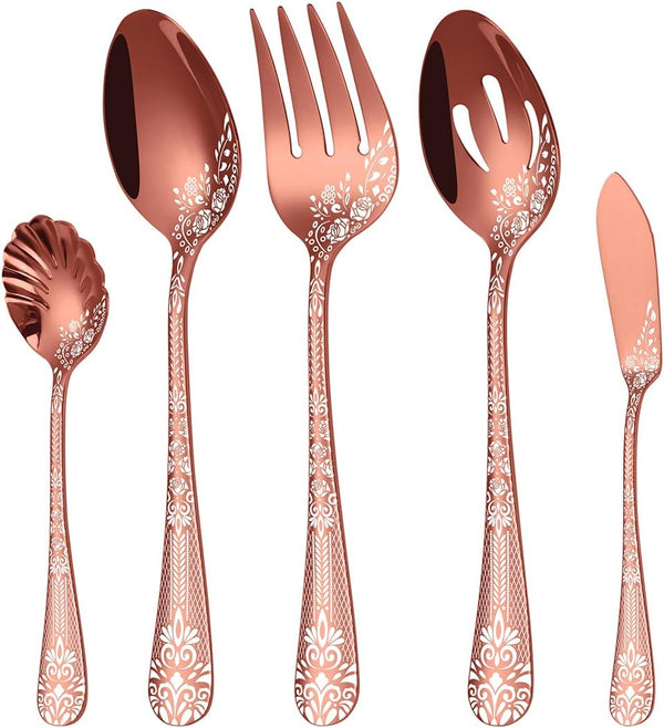 EUIRIO Large Serving Spoon Set, Stainless Steel Copper Utensils - Serving Fork, Slotted Spoon, Buffer Knife, Sugar