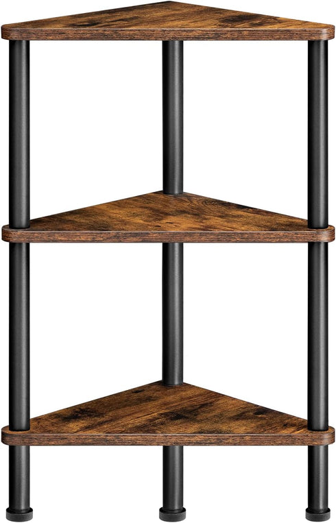 HOOBRO Corner Shelf Stand, Industrial 3-Tier Corner Bookshelf with Metal Frame, Plant
