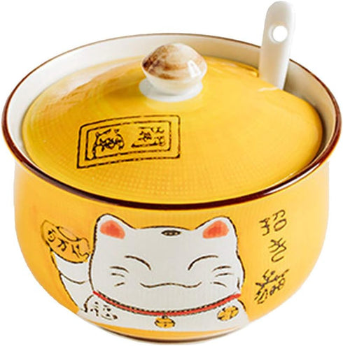 Ceramic Japanese Lucky Cat Sugar Bowl - Salt Storage Jar with Lid and Spoon