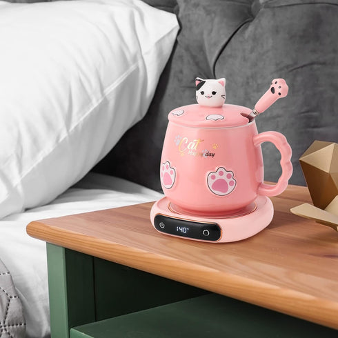 Bgbg Coffee Mug Warmer & Cute Cat Mug Set, Electric Beverage Cup Warmer for Desk with Three Temperature Settings