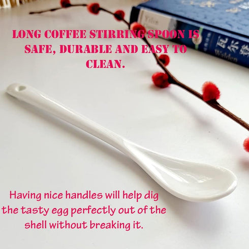 AKOAK 6.7" Ceramic Egg Spoon Set of 5 - White Long-Handled Teaspoon for Coffee, Tea, Yogurt, Ice Cream