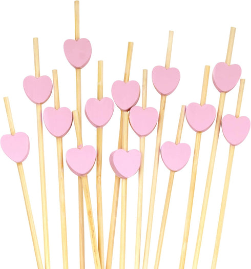 BambooMN 7.1 Inch Pink Heart Bamboo Food and Drink Pick Skewers – 100 Pieces for Catered Events
