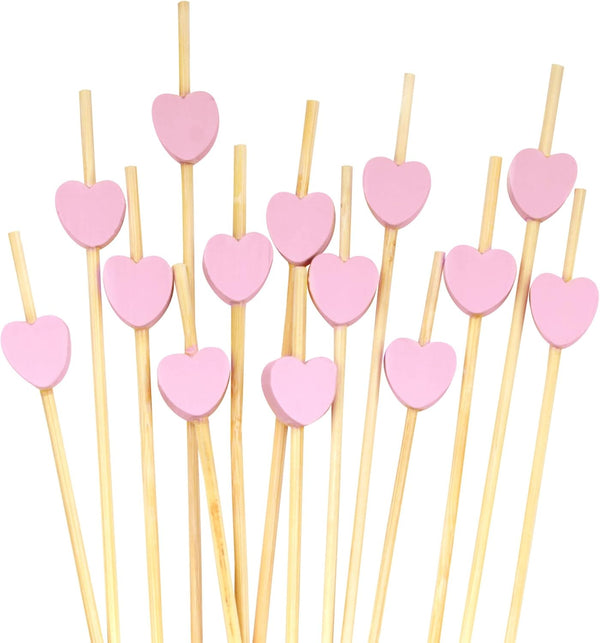 BambooMN 7.1 Inch Pink Heart Bamboo Food and Drink Pick Skewers – 100 Pieces for Catered Events