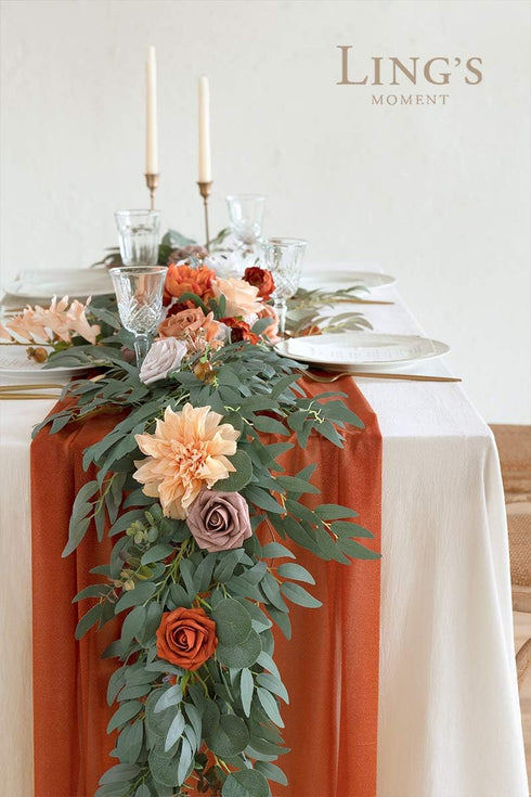 Ling's Moment 14Ft Terracotta Sheer Chiffon Table Runner with Silver Sparkle for Wedding Rustic Boho Party Decor
