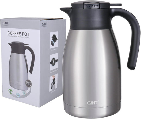 GiNT 51Oz Stainless Steel Thermal Coffee Carafe with Lid, Double Walled Vacuum Thermos, 12 Hour Heat Retention, Silver