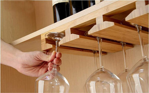 RIIPOO Bamboo Wine Glass Rack Hangers, Under Cabinet Holders for Home Kitchen & Bar Storage