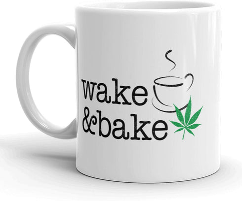 Crazy Dog T-Shirts Funny Wake and Bake Mug – White Ceramic Coffee Cup with Pot Leaf Design – Stoner Gift for Marijuana