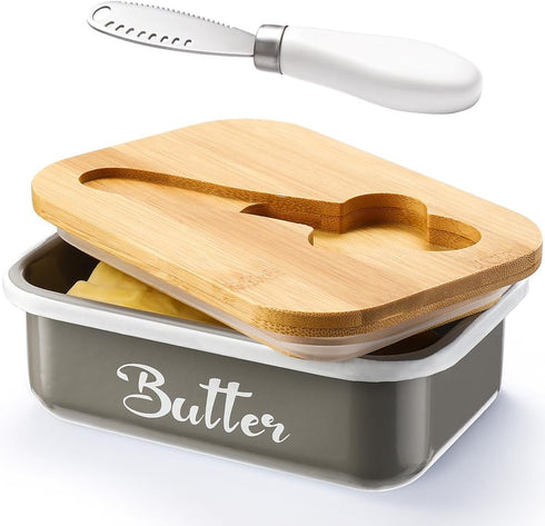 Butter Dish with Lid for Countertop, AISBUGUR Metal Butter Keeper with Stainless Steel Knife, Large Grey Container