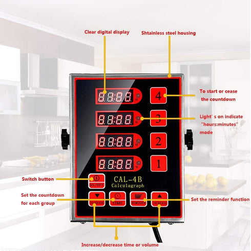 Li Bai 4 Channels Commercial Kitchen Timer, Multi-Function Digital Timer with Loud Alarm for Cooking