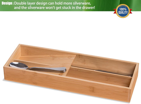 Bamboo Silverware Drawer Organizer, Small Kitchen Utensil Tray Holder for Spoons, Forks, Knives, Family of 2-4