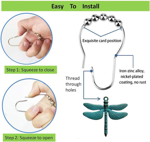 Decorative Antique Green Dragonfly Shower Curtain Hooks - Rust Proof Rings for Natural Forest Garden Bathroom Decor