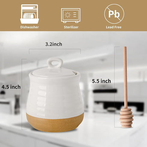 12 HASENSE Ceramic Honey Pot with Lid and Dipper Stick, Ounce HoneyJar Dish for Home Kitchen, Farmhouse Honey Container