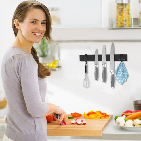Magnetic Knife Holder for Wall, 10 Inch Black Magnetic Knife Strip with 2 Hooks, Stainless Steel Magnet Rack for Knives