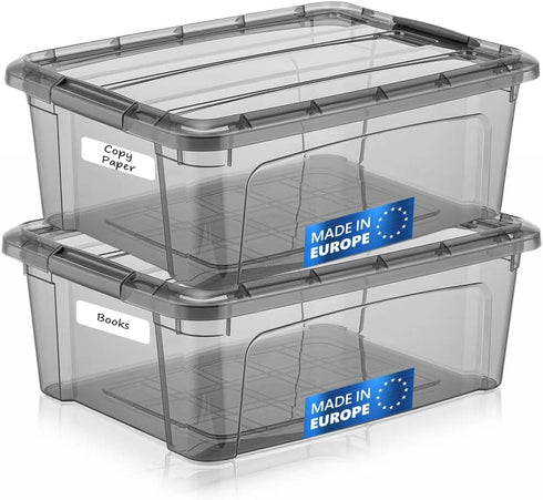 Tribello 12.5 Quart Storage Bins with Lids, Plastic Containers with Latching Lids for Organizing, Set of 2, Made in EU