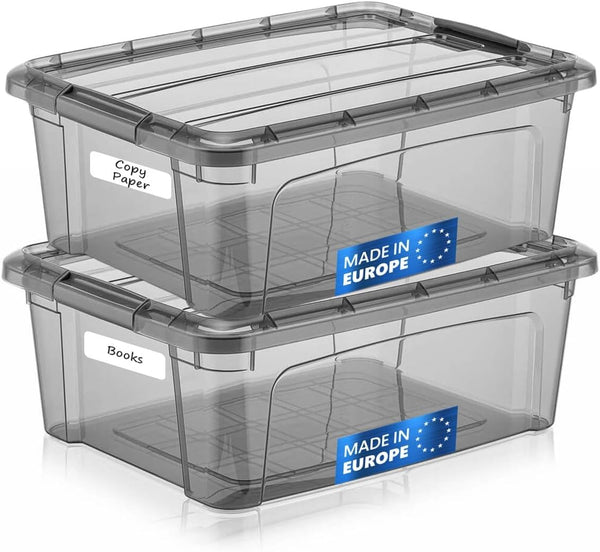 Tribello 12.5 Quart Storage Bins with Lids, Plastic Containers with Latching Lids for Organizing, Set of 2, Made in EU