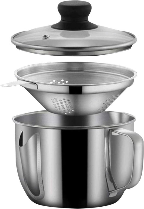 Stainless Steel 4 Cup/1000ML Fat Separator with Strainer and Glass Lid, Soup Oil Separator Cup for Cooking, Kitchen Oil